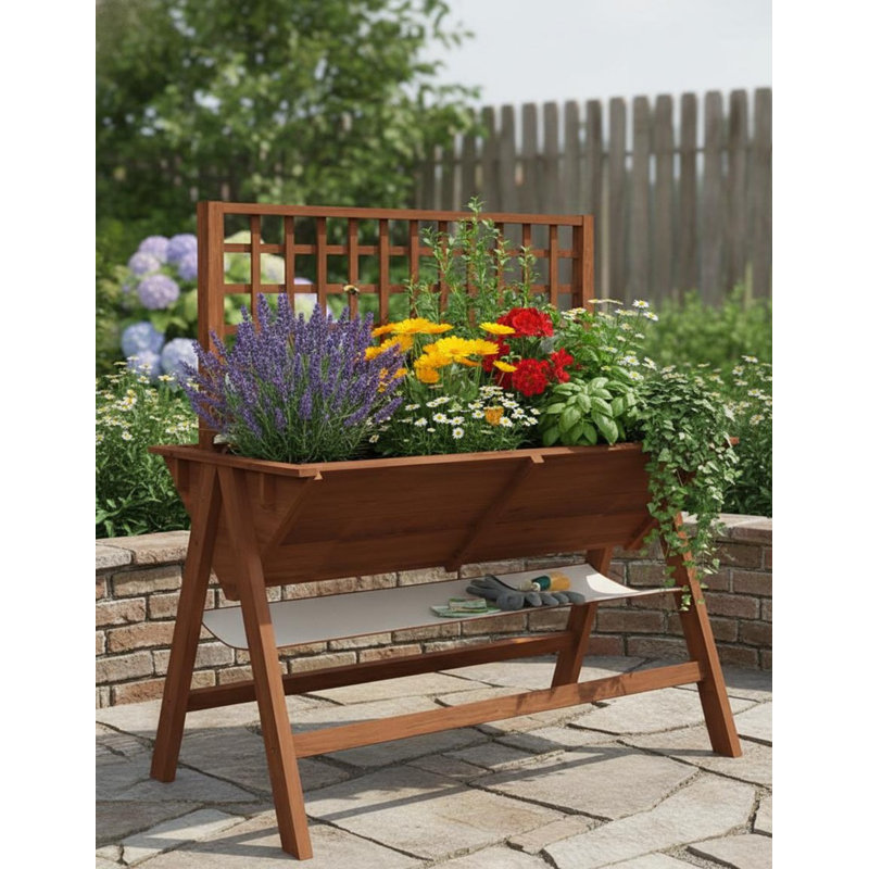 Elevated Garden Bed,  with Climbing Trellis, Brown