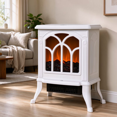 Cheminée électrique autoportante de 43 cm (17 pouces) avec bûches et flammes réalistes, idéale pour le salon, la chambre ou le bureau. Puissance : 750 W (1 500 W). Protection contre la surchauffe. Couleur : blanc.