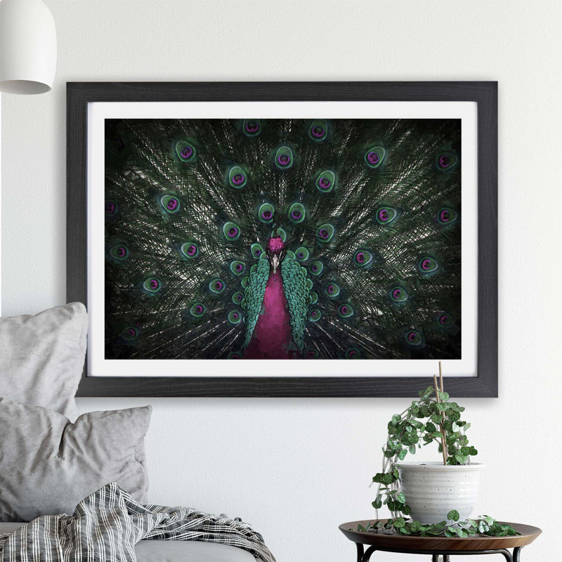 Mesmerising Pink And Green Peacock - Single Picture Frame Print, 62cm H x 87cm W x 2cm D, Black