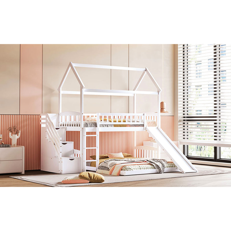 Lit de maison avec glissade - Simple au-dessus de simple, Blanc, Cadre de lit superposé confortable, Blanc, Blanc