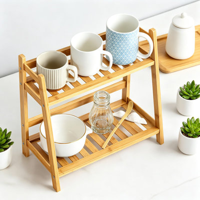 Bamboo Matcha Station Organizer, 2 Tier Countertop Desktop Shelf for Mugs Cups and Condiments, Ideal for Matcha Coffee Accessories in Kitchen Home Office