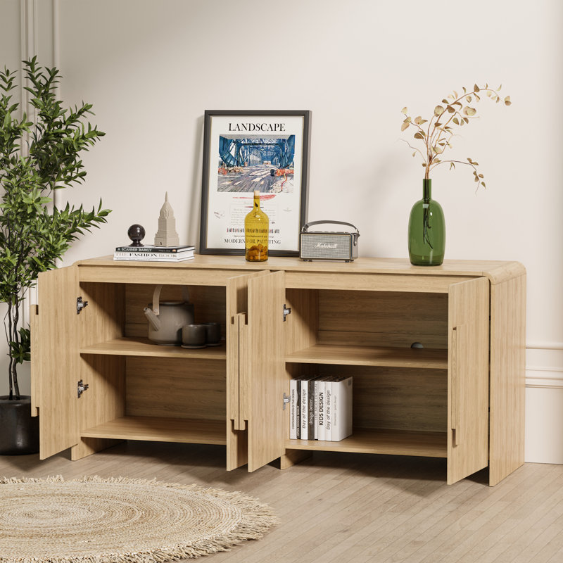 Modern 64'' Curved Sideboard Buffet with Rounded Edges and Adjustable Shelves, 4-Door Large Wooden Credenza Storage Cabinet, Media Console Table