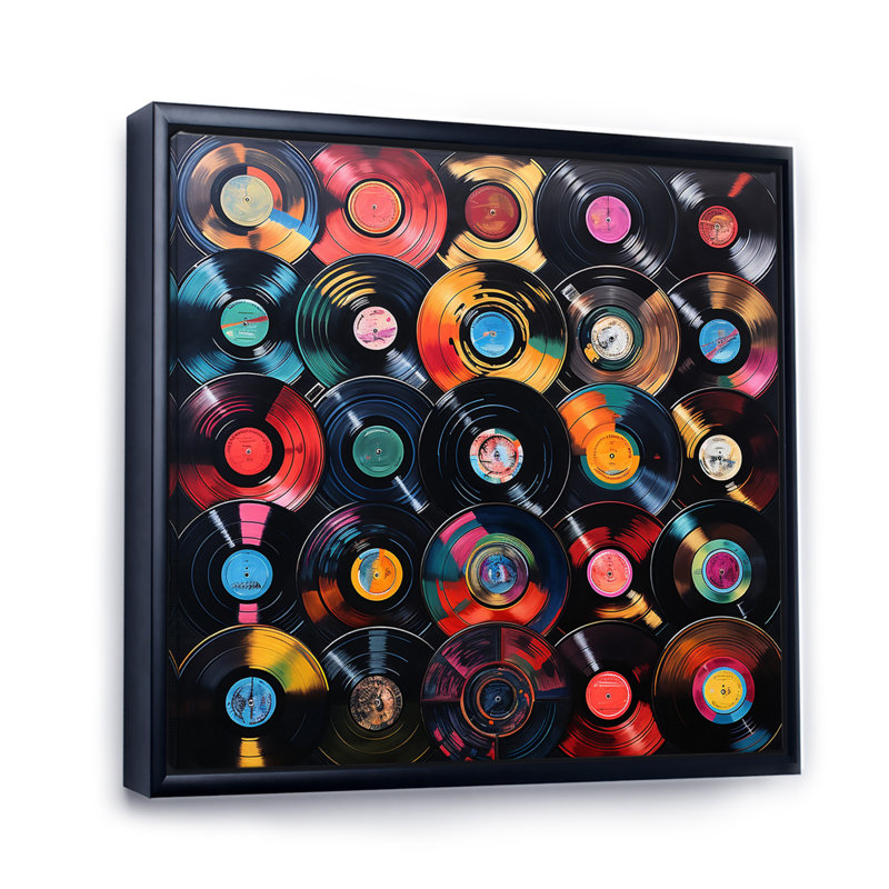 Coloré disques vinyle Melody III, Cadre flottant noir, H 36 po x l 36 po x P 1,5 po