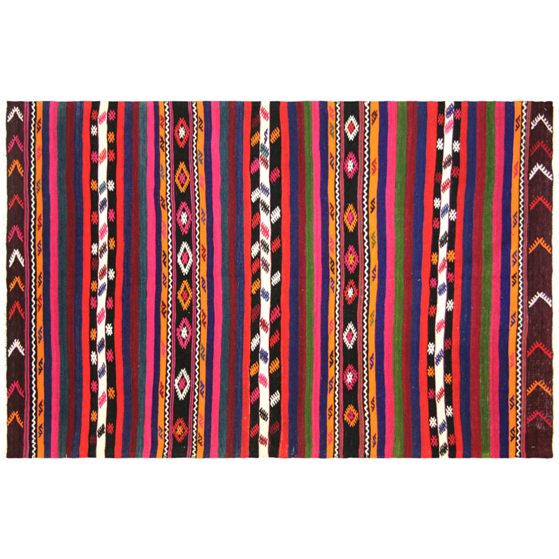 Tapis unique en laine noué à la main des années 1960 de 4 pi 4 po x 6 pi 9 po en rouge / rose / bleu / blanc