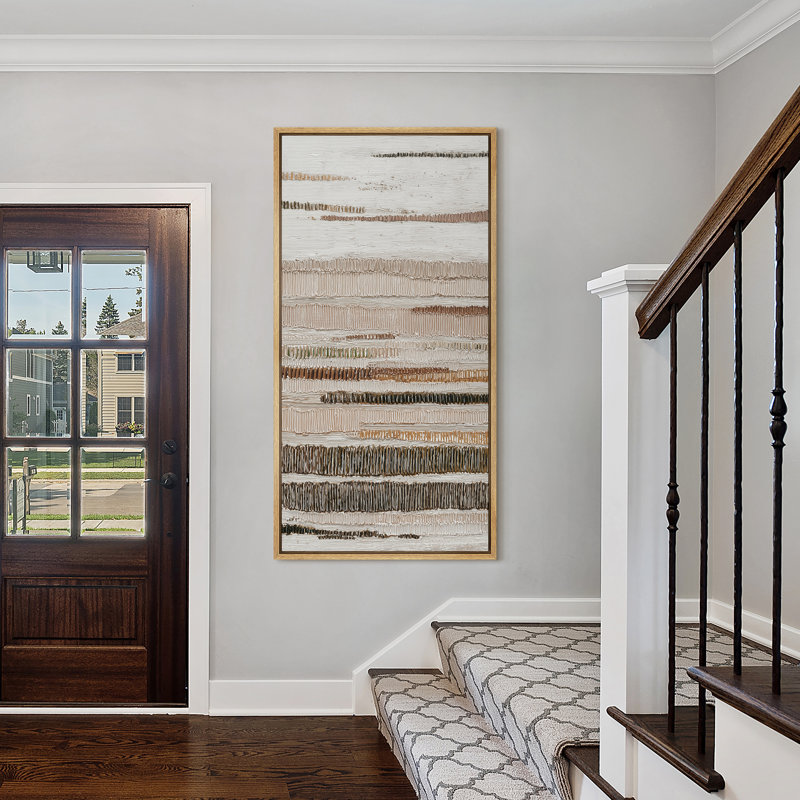 Neutral Horizontal Stripes in Beige and Brown - Large Framed Canvas Master Bedroom Wall Art Print, 60" H x 30" W x 1.5" D