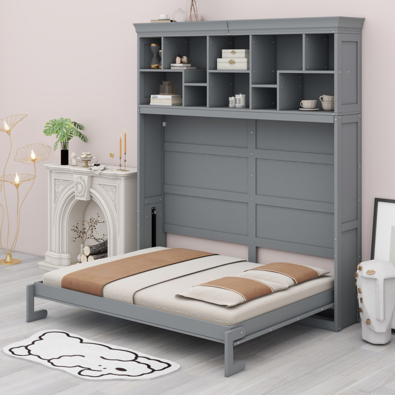 Lit escamotable mural Murphy avec tablettes et USB, gris