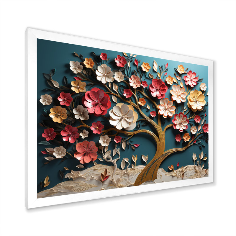 Orchidée rose et bleue, branches d'arbre I - art mural arbre, Cadre d'angle fermé blanc, H 16 po x l 32 po x P 1 po
