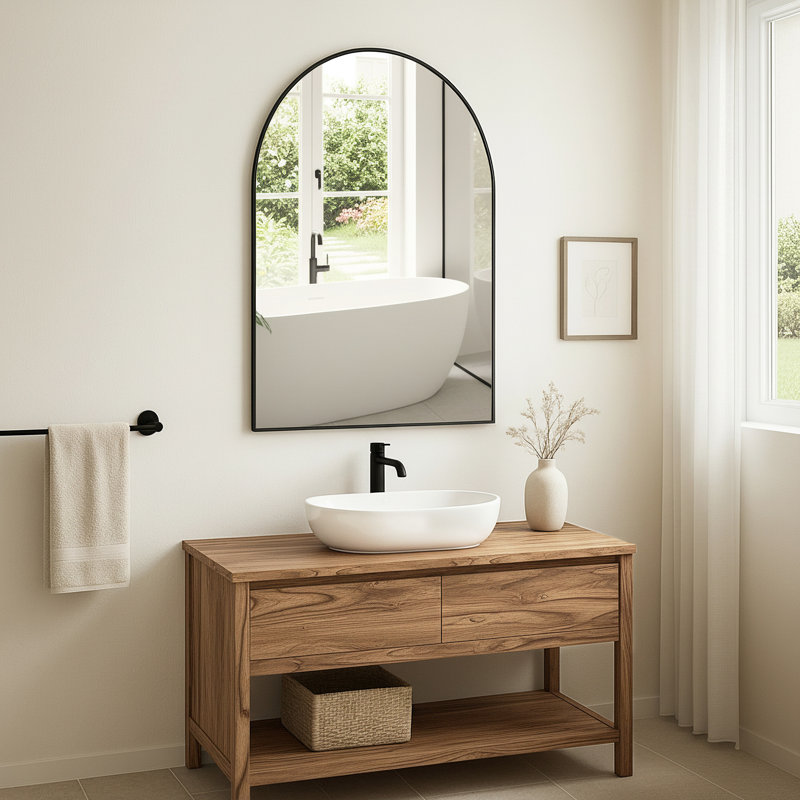 Black Metal Framed Arched Wall Mirror Bathroom/Vanity Mirror, 36" H x 24" W
