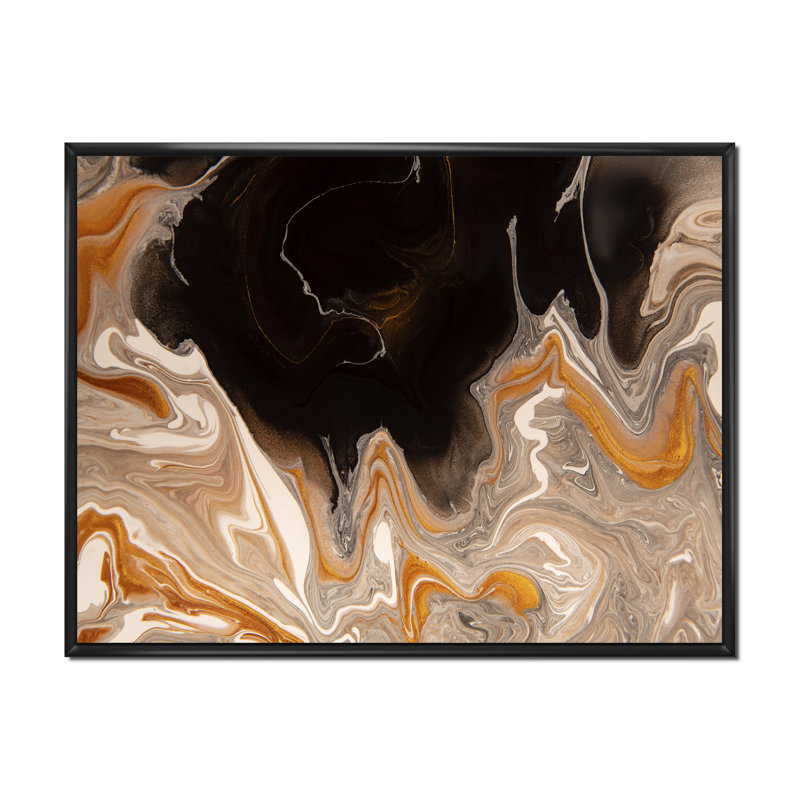 Vagues de marbre brun et noir - Peinture sur toile, H 30 po x l 40 po, Cadre flottant noir