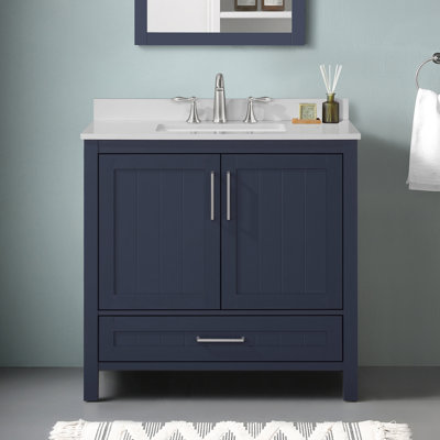 Meuble-lavabo simple Kansas de 91 cm (36 po) en bleu nuit, comptoir en pierre reconstituée blanc tourterelle, quincaillerie en nickel brossé