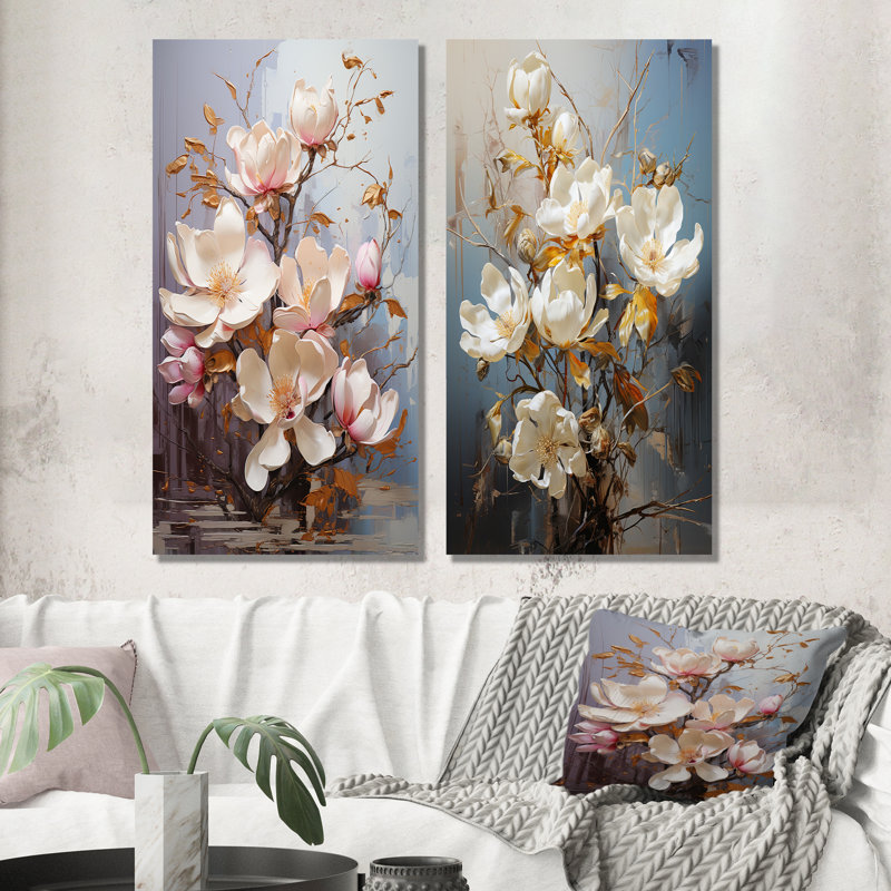 «Magnolias» - ensemble de 2 impressions sur toile dorées, H 40 po x l 41 po, Toile tendue