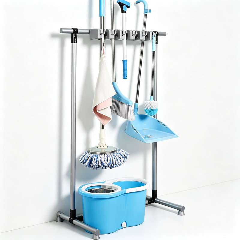 Support mural robuste pour balai et vadrouille avec boules à ressort, organisant les outils de nettoyage pour la salle de lavage, le placard ou le garage