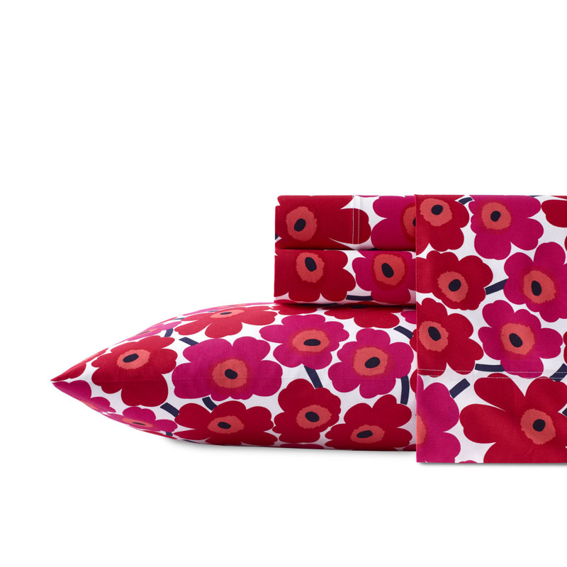 Marimekko Printed Cotton Percale Sheet Sets, King Sheet Set with 2 King Pillowcases, Mini Unikko Red
