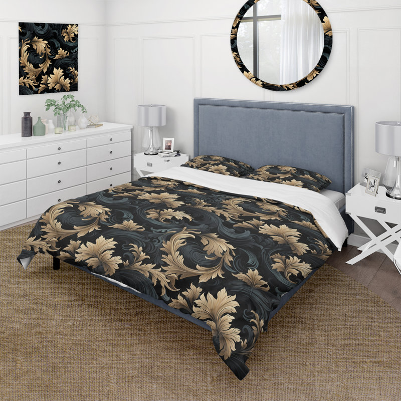 Ensemble de housse de couette fleurs de damas noires et dorées III, Housse de couette pour grand lit et 2 taies décor