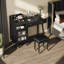Coiffeuse moderne noire avec tiroirs, armoire, prises de recharge et tabouret en bois-121070262