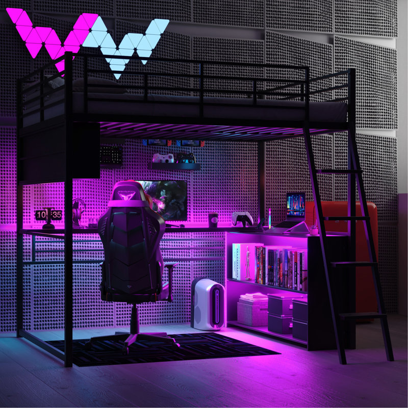 Lit mezzanine en métal avec bureau à DEL avec 4 possibilités de rangement Led, Lit double
