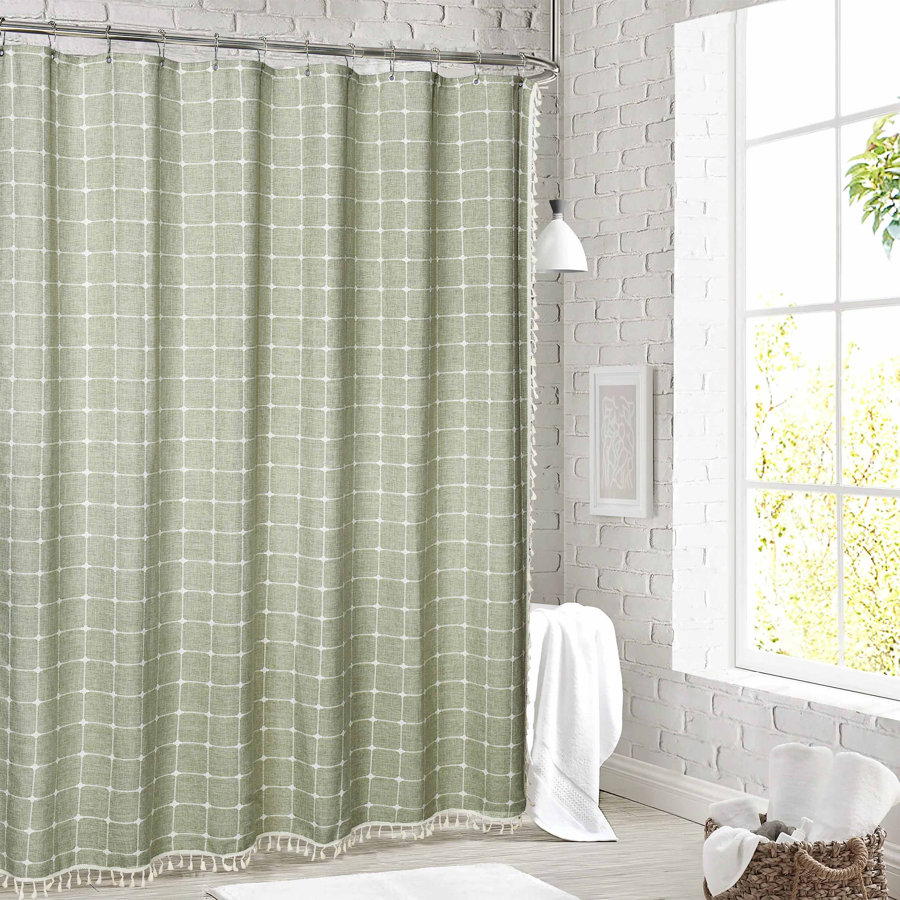  Boho Waterproof Plaid Shower Curtains with Tassel for Bathroom