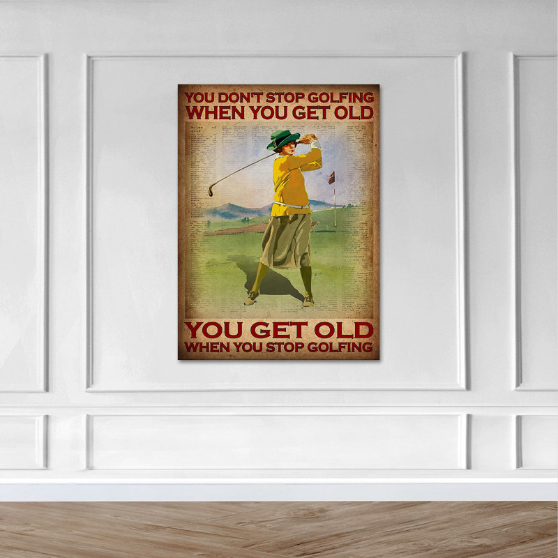 Une dame jouant au golf - Vous ne cessez pas de jouer au golf lorsque vous obtenez une vieille toile tendue avec châssis - Sport Illustration Decor, décor de salon jaune