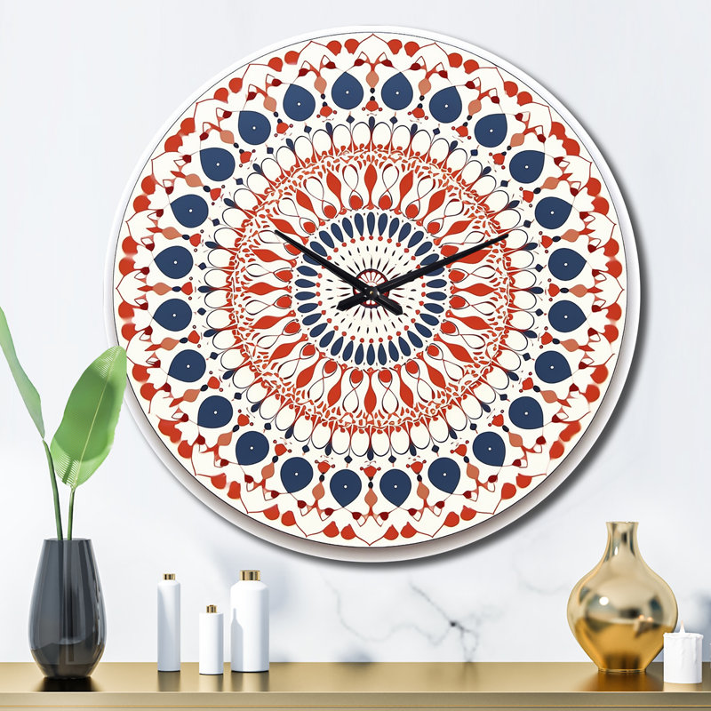 Horloge murale boho mandala rétro en métal bleu et orange III, Grand