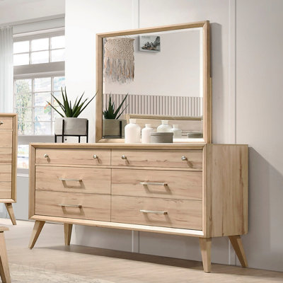 Commode de style classique avec 6 tiroirs en chêne naturel et meubles de chambre à coucher en bois 1 pièce, design moderne Mid-Century