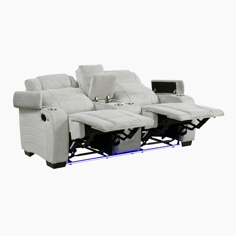 Denning 73" Modern & Contemporary Microfiber Double Reclining Love Seat with Wireless Speakers, LED Lighting, Storage Arms & Wall-Hugger Design