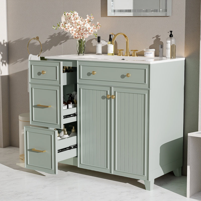 Meuble-lavabo de 36 po avec lavabo en céramique, tiroirs standard et double couche, portes à fermeture en douceur, tablettes réglables, armoire de rangement moderne pour petites et moyennes salles de bain
