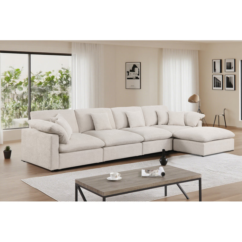 L-Shaped 153" Module Sectional Chenille Fabric Sofa Cloud Beige Couch with Removable Ottoman&Cushion, Beige Chenille