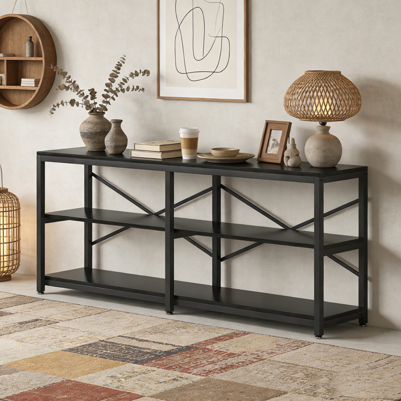 3-Tier Console Table Long Foyer Sofa Table with Storage Shelves, Black