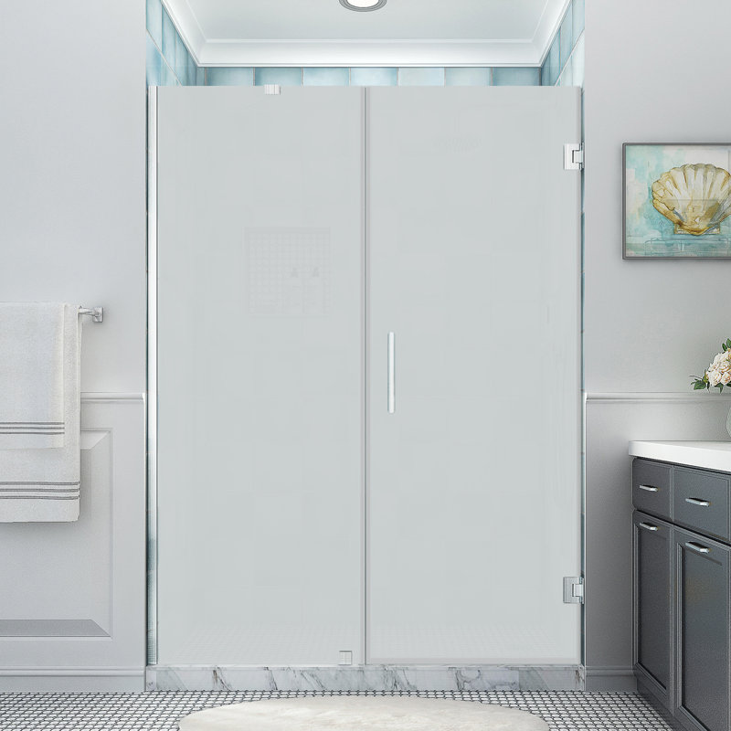 Belmore XL 65.25 - 66.25 in. W x 80 in. H Frameless Hinged Shower Door with StarCast Glass, Stainless Steel, Frosted Glass