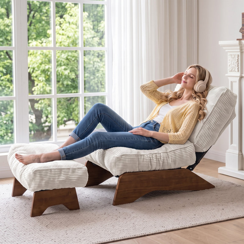 Fauteuil d'appoint en velours côtelé avec repose-pieds, fauteuil de salon pliant avec dossier réglable et repose-pieds, Beige
