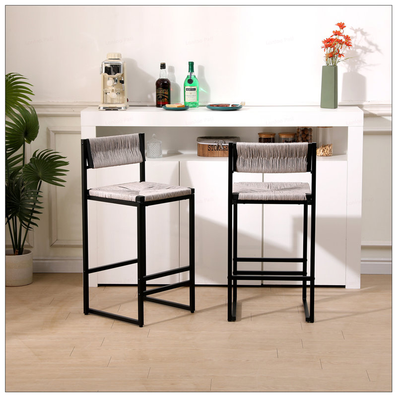 2PCS Paper Rope Woven Bar Stools With Back, Gray