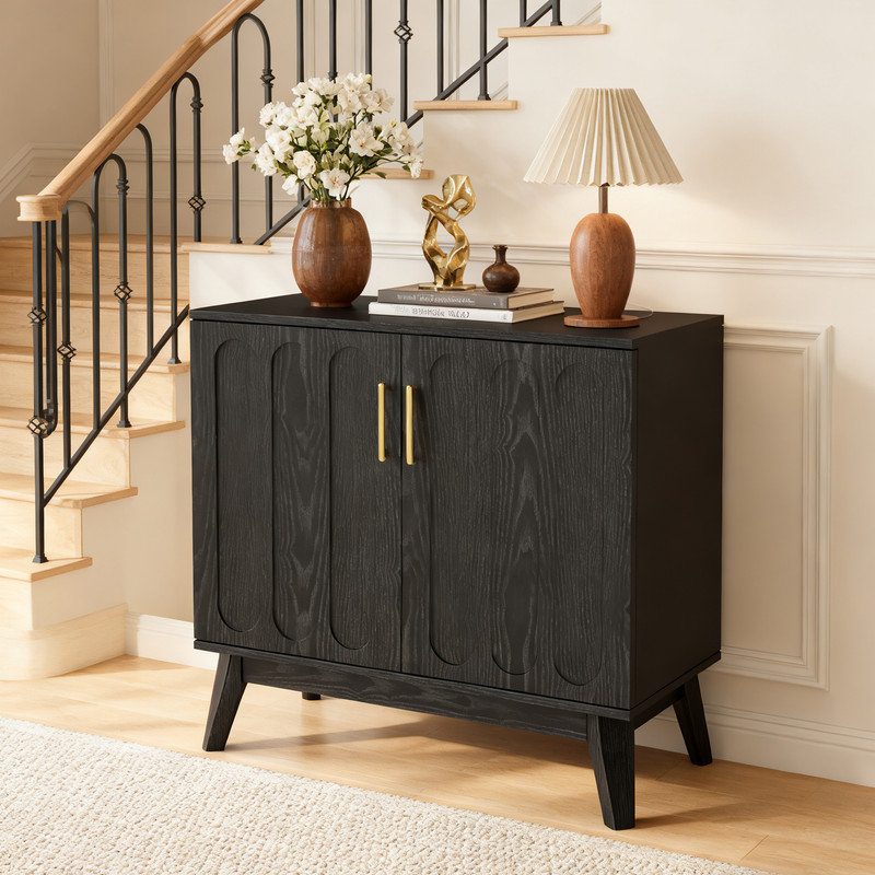 Buffet Mid-Century moderne avec portes cannelées et tablettes réglables, armoire de rangement à finition noyer pour le salon, la salle à manger et le vestibule
