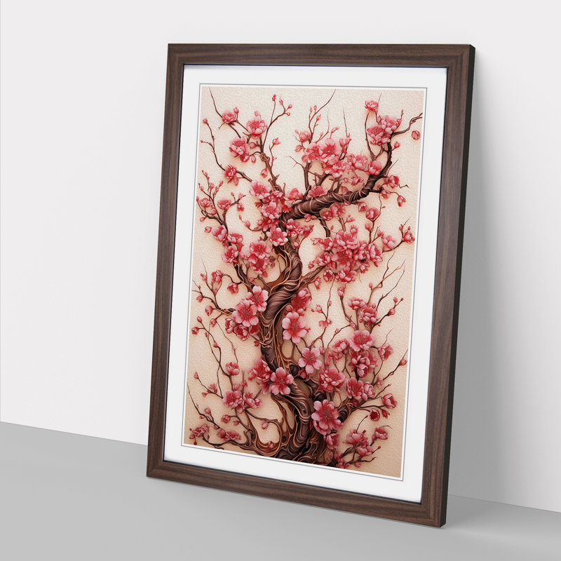 Cherry Blossom Tree Nouveau - Single Picture Frame Print on Wood, 64cm H x 46cm W x 2cm D, Walnut Framed
