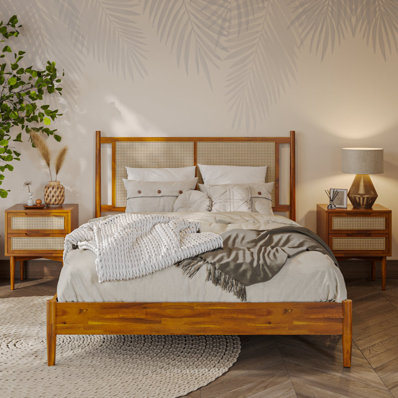 Oliver Solid Wood Platform Bed with Rattan Headboard, Queen, Caramel