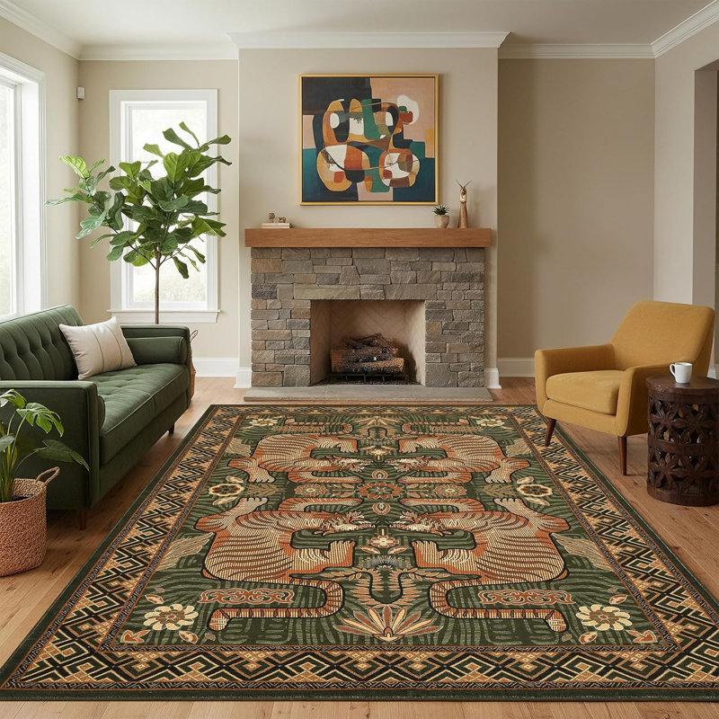 Tibetan Tiger 8X10 Washable Area Rugs For Living Room, Boho Tribal Green Soft Animal Print Throw Rug Vintage Non Slip Ultra Thin Stain Resistant Floor Carpet For Office Bedroom