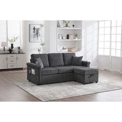 Canapé modulaire en L avec rangement coulissant, repose-pieds et coussins à 3 places avec chargement USB, porte-gobelet, design convertible pour le salon, appartement, tissu en velours côtelé