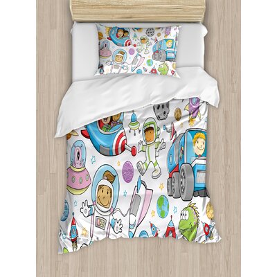 Outer Space Cute Deep Space Astronaut Aliens Rockets on Moon Kids Nursery Theme Duvet Cover Set -  Ambesonne, nev_19579_twin