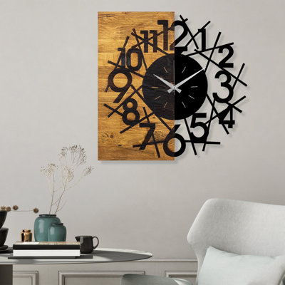Horloge murale élégante en bois 23,2 po x 1,2 po x 22,8 po | 100% bois massif et métal, mécanisme silencieux | Design élégant en noyer et noir parfait pour la décoration intérieure, le salon ou le mur de bureau | Variations de couleurs uniques