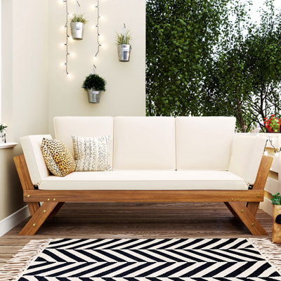 Méridienne de patio d'extérieur réglable en bois avec coussins pour petits espaces, finition naturelle + coussin beige