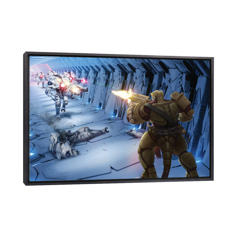 «Obozaya Gunning Down Robots», reproduction d'art sur toile encadrée, H 32 po x l 48 po, Noir patiné