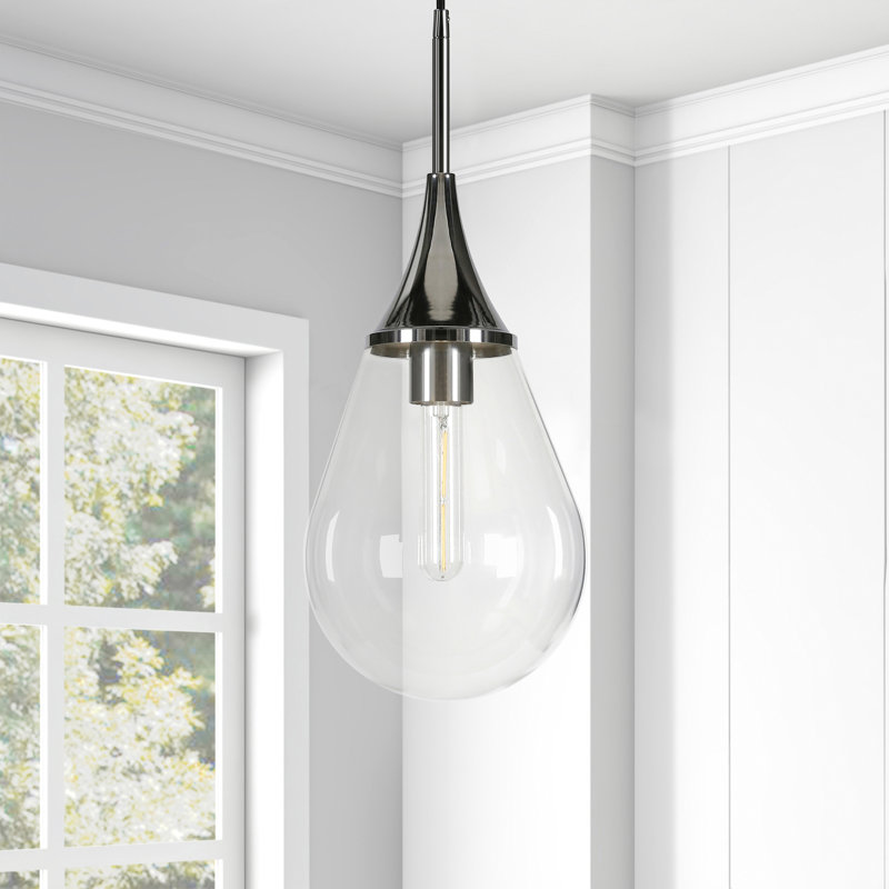 Luminaire suspendu en forme de goutte à 1 lumière Hoye, Nickel poli, Transparent, H 19,12 po x l 7,63 po x P 7,63 po