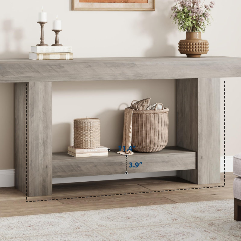 Console de vestibule, table de vestibule à 2 niveaux Farmhouse, canapé d'appoint long derrière le canapé avec rangement ouvert pour l'entrée, salon, couloir, gris clair, 63 po