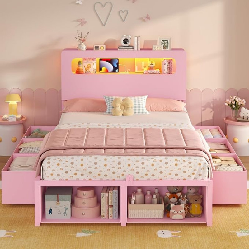 Twin Bed Frame With 6 Storage Drawers & 2-tier Led Headboard – Kids Boy Bed With Power Outlets & Rgb Lights, 2 Footboard Cubbies– Space-saving