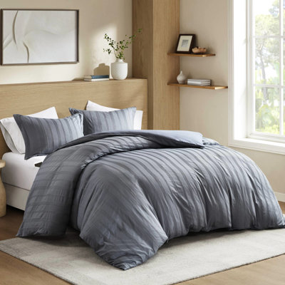 Couette 3 pièces tissée grise, avec couvre-oreillers de fermeture à enveloppe, compatible avec la peau sensible et à rayures douillettes