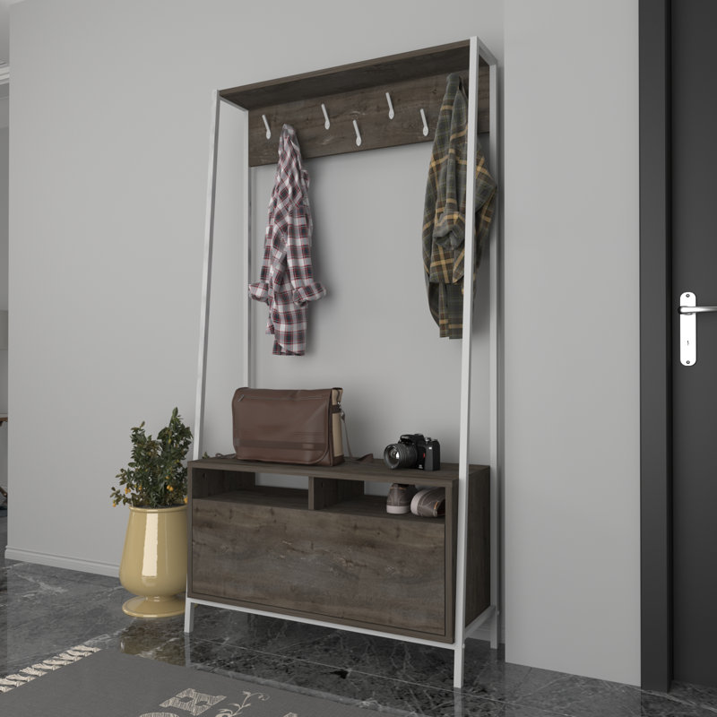 Andreous Hall Tree 37'' Wide with Shoe Storage, White/Dark Gray Oak