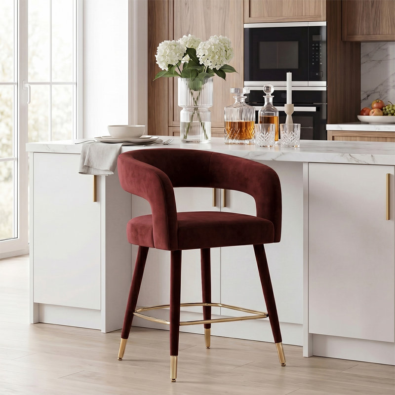 24" Velvet Counter Height Bar Stool With Gold Footrest, Burgundy
