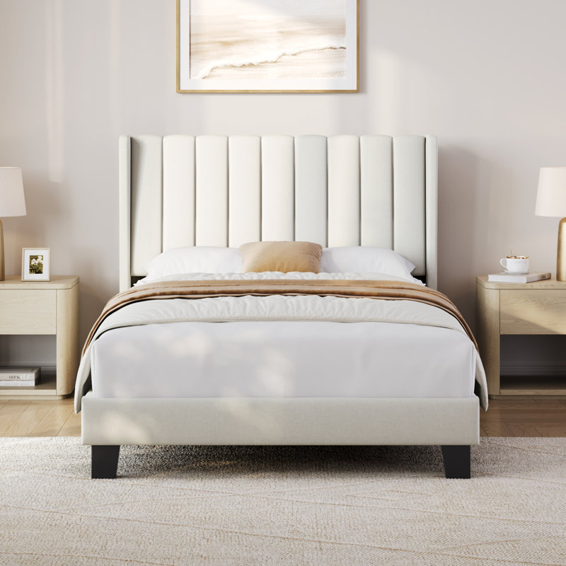 Upholstered Bed Frame with Channel Tufted Headboard, Beige, Double (4'6)