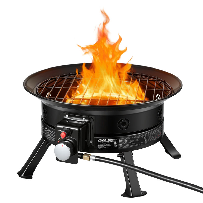 Propane Fire Pit 24-Inch, 53,000 BTU Portable Gas Fire Pit, with Grill Grate & Lava Rocks, Adjustable Flame, Folding Legs,Smokeless Outdoor Firebowl for Camping, Patio, Backyard, Deck, RV, Black