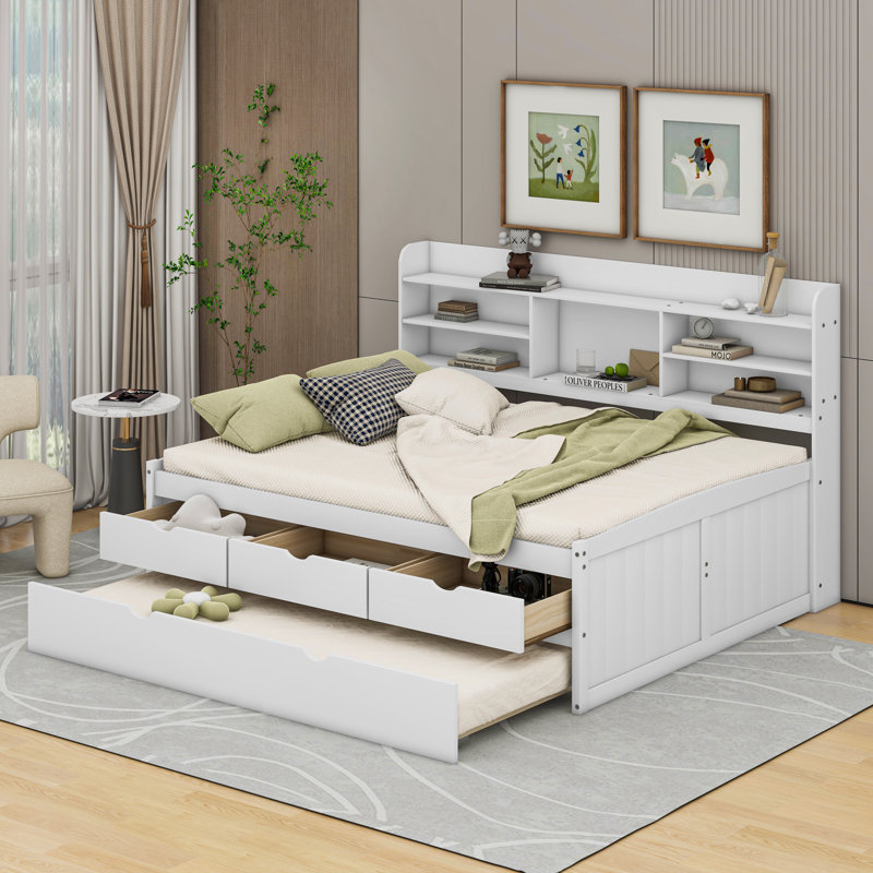 Full Size Wooden Captain Bed with Built-in Bookshelves, Three Drawers and Trundle, White Wash
