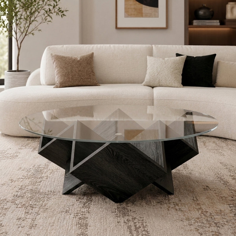 Table basse ronde en verre 35,4 po avec tablettes de rangement, base géométrique en bois Art déco, table de centre moderne pour le salon